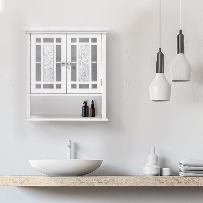Teamson Home Windsor White Engineered Wood Bathroom Wall Cabinet with Glass Mosaic Doors