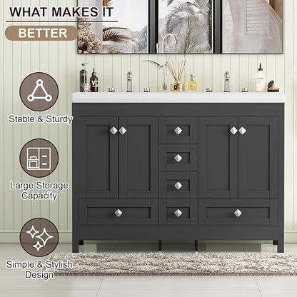 48" Bathroom Vanities with Sink Combo, Modern Double Bathroom Vanity with 4 Doors & 5 Drawers, Freestanding White Bathroom Cabinet with Double Ceramic Sink, Black