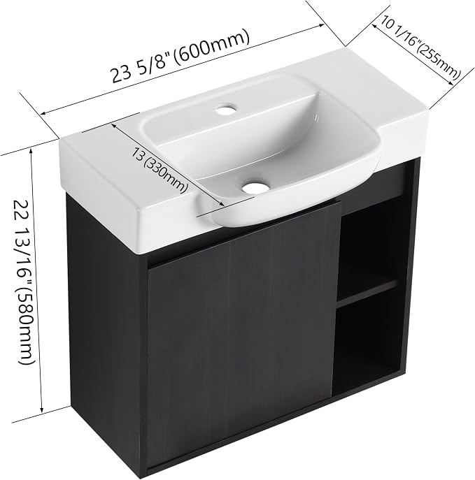 24" Bathroom Vanity with Sink, Wall-Mounted Cabinet, Dark Oak | Ceramic Sink, Soft-Close Door & 2 Open Storage Shelves, Modern Farmhouse Sink Cabinet, Easy to Clean for Small Bathroom