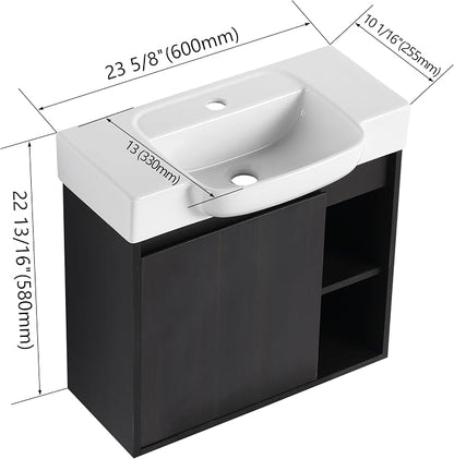 24" Bathroom Vanity with Sink, Wall-Mounted Cabinet, Dark Oak | Ceramic Sink, Soft-Close Door & 2 Open Storage Shelves, Modern Farmhouse Sink Cabinet, Easy to Clean for Small Bathroom