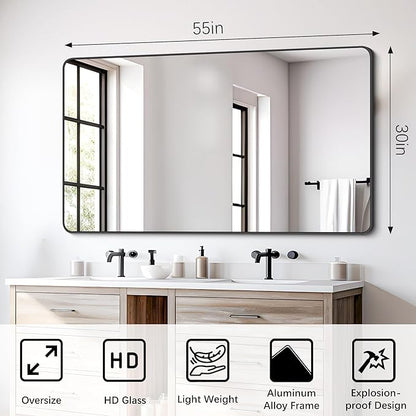 FORBATH Bathroom Mirror 30" x 55", Large Rectangular Wall Mirror with Black Aluminum Frame Rounded Corner, Wall Mounted Mirror for Bathroom Bedroom Entryway Living Room
