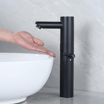 Automatic Touchless Bathroom Sink Faucet Tall Body Motion Activated Sensor Hands Free Commercial Faucets Adjustable Cold Hot 1 Hole Single Handle Basin Vessel Auto Water Mixer（Matte Black）