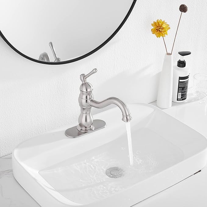 Bathroom Faucet Brushed Nickel GGStudy 360° Swivel Bathroom Vanity Faucet Single Handle One Hole Bathroom Sink Faucet Basin Matching Pop Up Drain with Overflow