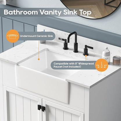 36 Inch Bathroom Vanity With Sink, Solid Wood Frame Single Bathroom Vanity, Modern Storage Cabinet With Soft Closing Doors, Apron Farm Sink, Adjustable Feet, White
