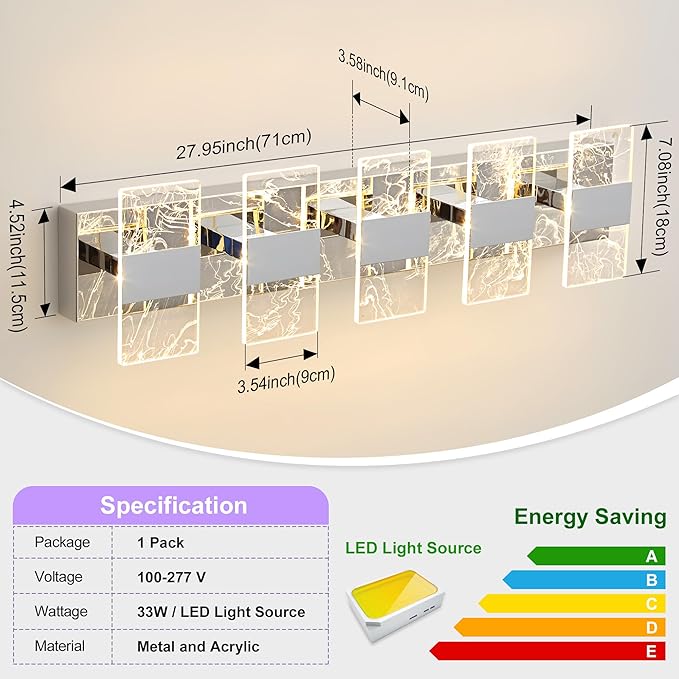Modern LED Bathroom Light Fixtures Dimmable 5-Light Chrome Vanity Light, 5CCT Adjustable Lighting Fixture Vanity Lights Over Mirror, Smoked Acrylic LED Vanity Lights for Bathroom