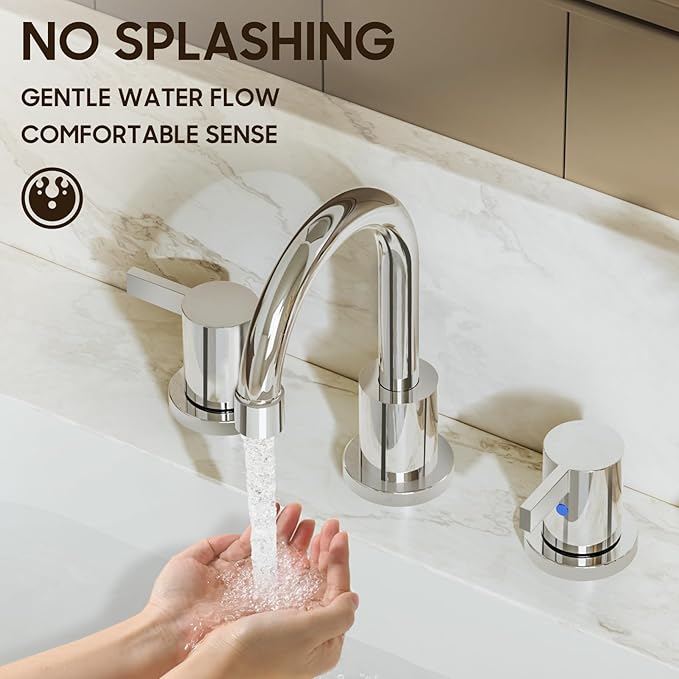Phiestina 8 Inch 3 Hole Widespread Chrome Bathroom Faucet 2 Handle Bathroom Vanity Faucet with Metal Pop Up Drain & Water Supply line,BF03042-K01-C