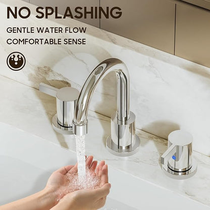 Phiestina 8 Inch 3 Hole Widespread Chrome Bathroom Faucet 2 Handle Bathroom Vanity Faucet with Metal Pop Up Drain & Water Supply line,BF03042-K01-C