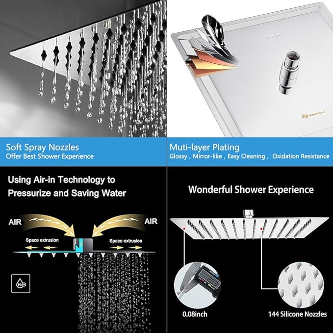 NearMoon Square Rain Shower Head With Extension Arm, Large Stainless Steel Rainfall Shower-Waterfall Full Body Coverage (12 Inch, Chrome)