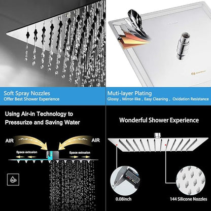 NearMoon Square Rain Shower Head With Extension Arm, Large Stainless Steel Rainfall Shower-Waterfall Full Body Coverage (12 Inch, Chrome)