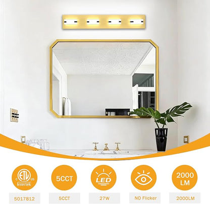 LED Gold Bathroom Light Fixtures, 4-Light 27W 5CCT Modern Vanity Lights | NOVELUX LED Gold Bathroom Light Fixtures, 4-Light Modern Vanity Lights , ETL Listed, 27W 5CCT Adjustable
