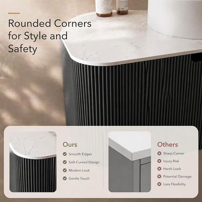 36 Inch Bathroom Vanity with Sink, Floating Wall Mounted Single Sink Vanity, Black Curved Fluted Front, Stone Top, Pure White Round Vessel Basin, Pre-Assembled