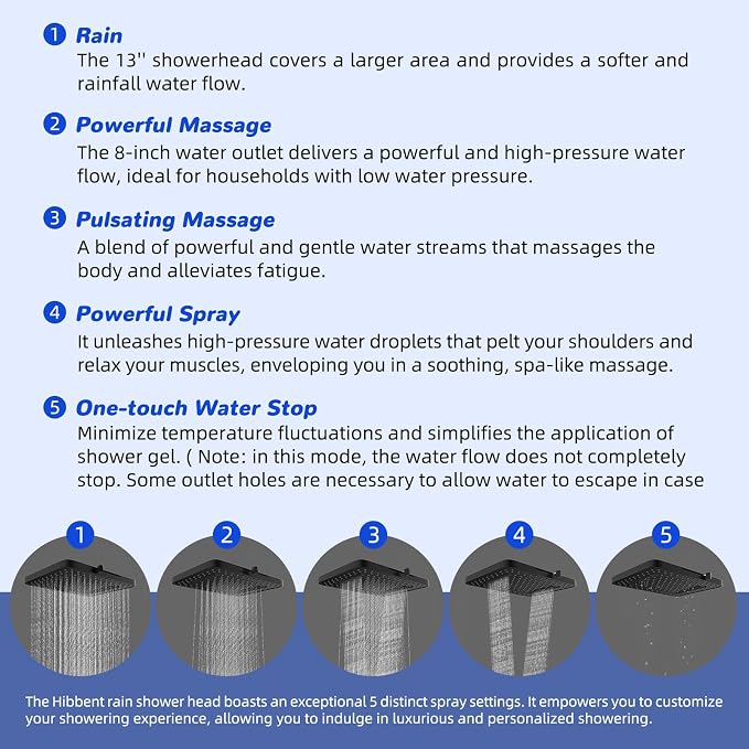 Hibbent 5-spray Filtered Rainfall Shower Head Combo, High Pressure 13'' Showerhead with 10 Spray Modes Handheld, All Metal 3 way Diverter Shower Arm, 71'' Hose and Holder, Matte Black