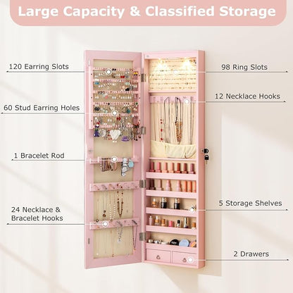 Moccha Wall Door Jewelry Armoire, 47.5" H Full Length Mirrored Jewelry Cabinet with 2 LED Lights and 2 Drawers, Lockable Jewelry Cabinet, Jewelry Organizer Storage for Bedroom (Light Pink)