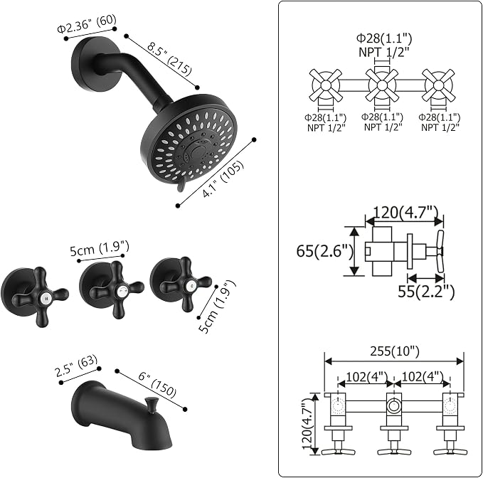 3 Handle Shower Faucet Set with Tub Spout Matte Black | Three Knod Tub and Shower Trim Kit 3 Handles Bathtub Shower Faucets Completes with Brass Valve