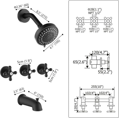 3 Handle Shower Faucet Set with Tub Spout Matte Black | Three Knod Tub and Shower Trim Kit 3 Handles Bathtub Shower Faucets Completes with Brass Valve