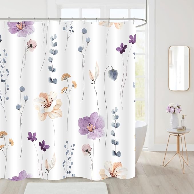 Purple Beige Watercolor Floral Fabric Shower Curtain, 72x78 | Waterproof Fabric, Modern Minimalist Floral Print, Machine Washable, Rustproof Grommets, Fade Resistant, for Bath Home