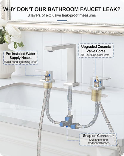8 Inch Brushed Nickel Bathroom Faucet, 2 Handle Brass Widespread Modern Bathroom Faucets 3 Hole with Pop Up Drain, cUPC Supply Lines and Removable Aerator for Lavatory, Restroom, Save Water