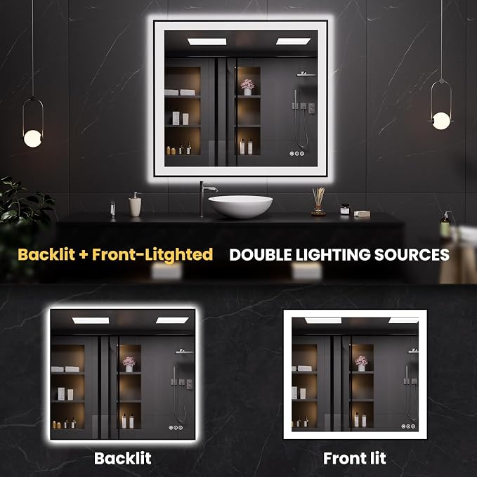 LOAAO 40"X36" LED Bathroom Mirror Black Framed | Anti-Fog, Dimmable, Memory Function, Tempered Glass, Lighted Vanity Mirror for Wall