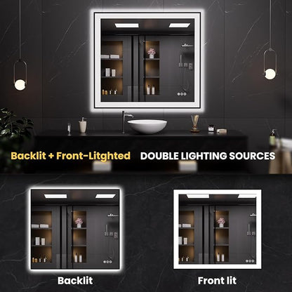 LOAAO 40"X36" LED Bathroom Mirror Black Framed | Anti-Fog, Dimmable, Memory Function, Tempered Glass, Lighted Vanity Mirror for Wall