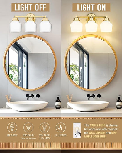 Emak Gold Vanity Light with Milk Glass Shade, Modern Bathroom Light Fixtures Over Mirror, 3-Light Bathroom Vanity Lights for Mirror, Bath, VL122-GD-ML-3