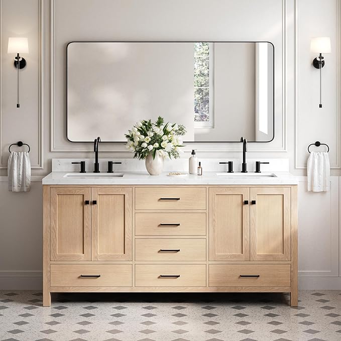 DKB Beckford 72-Inch Oak Double Bathroom Vanity with Rectangle Sinks, 1.5" Carrara White Quartz Countertop & 4" Backsplash, 4 Soft Closing Doors, 6 Dovetail Drawers, Matte Black Hardware
