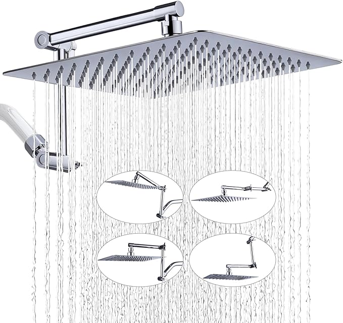 G-Promise 12 Inch All Metal Rain Shower Head with Extension Arm | Built to Last, Rust Resistant, Easy to Install, Adjustable, Full Body Coverage Large Rainfall Shower Head, Daily SPA