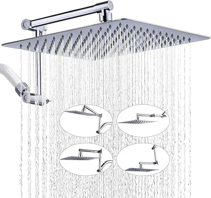 G-Promise 12 Inch All Metal Rain Shower Head with Extension Arm | Built to Last, Rust Resistant, Easy to Install, Adjustable, Full Body Coverage Large Rainfall Shower Head, Daily SPA