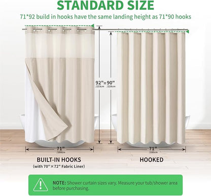 eachope No Hook Linen Texture Shower Curtain with Snap-in Liner,71x92 Cream | Extra Long,230GSM Thick Fabric,Hotel Luxury Decor,Mesh Top Window,Bottom Magnetic,Waterproof & Machine Washable,for Bathroom
