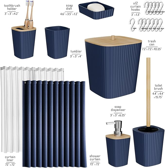 Clara Clark Bathroom Set, Shower Curtain Set, Bathroom Accessory Set | 20 Piece Navy Blue Bathroom Accessories Set with Toothbrush Holder, Soap Dispenser, Soap Dish, Toilet Brush, and Trash Can