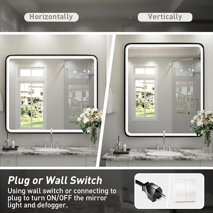 30X36 Inch LED Lighted Bathroom Mirror,Black Frame,3 Color | Lighted Vanity Mirror, Large Wall Mounted Makeup Mirror, 6000K, Dimmable Anti-Fog