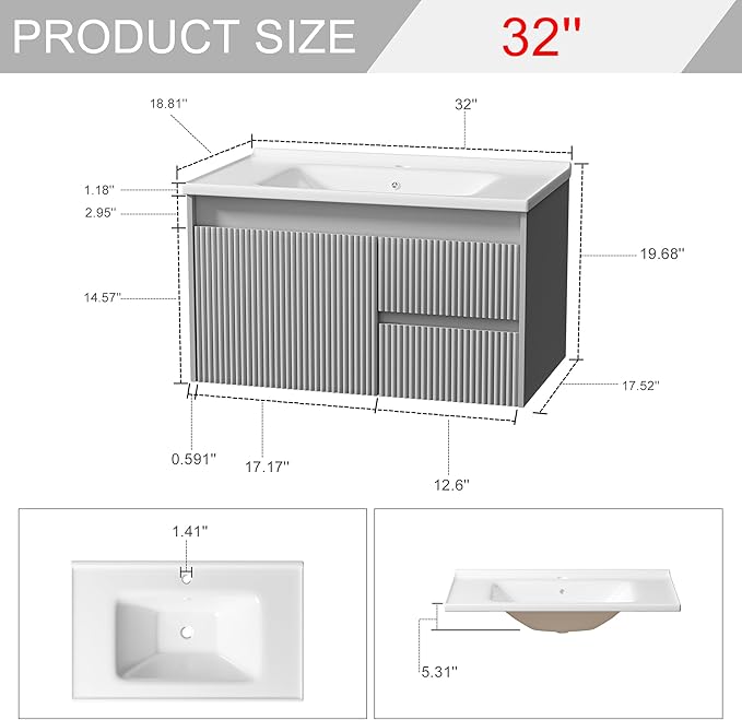Floating Bathroom Vanity 32 Inch, Wall Mounted Bathroom Vanity with Ceramic Sink and 2 Drawers for Storage, Modern Wave-Carved Design Wooden Sink Cabinet, Grey