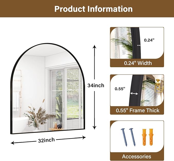 XRAMFY Arched Bathroom Mirror 32" x 34" for Bathroom Vanity Mirror or Wall Decor Black Arch Mirror Aluminum Alloy Frame Wall Mounted Mirror for Living Room Bedroom Entryway