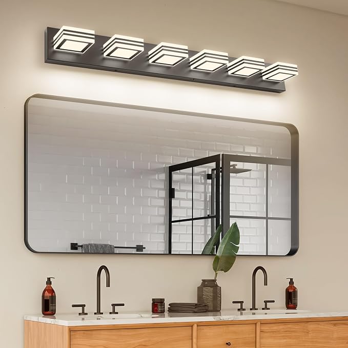 SOLFART Modern Black Vanity Lights Fixtures: 6 Lights Acrylic LED Matte Black Vanity Lights for Bathroom 39inch 5CCT