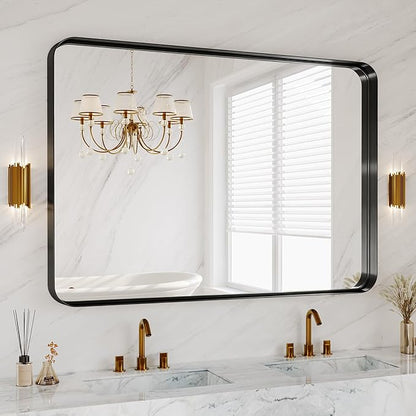 48X36 Inch Black Metal Framed Bathroom Mirror for Wall, Matte Black Vanity Mirror Farmhouse, Large Rounded Rectangle Mirror, Anti-Rust, Tempered Glass, Hangs Horizontally or Vertically