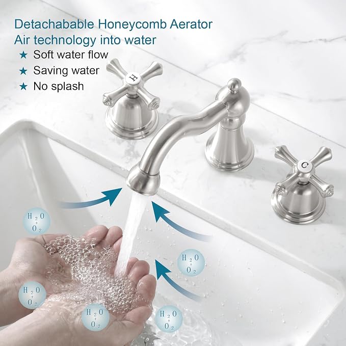 RKF Bathroom Faucets for Sink 3 Hole Brushed Nickel 8 inch Widespread Bathroom Sink Faucet with Drain 2 Handles Cross Knobs Faucet Bathroom Vanity Faucet Basin Mixer Tap CWF033-GBN