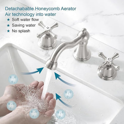 RKF Bathroom Faucets for Sink 3 Hole Brushed Nickel 8 inch Widespread Bathroom Sink Faucet with Drain 2 Handles Cross Knobs Faucet Bathroom Vanity Faucet Basin Mixer Tap CWF033-GBN