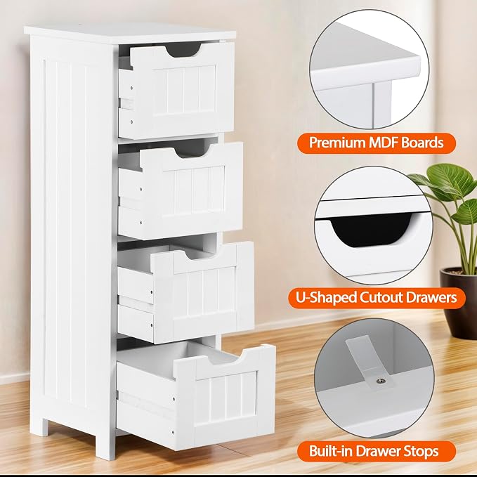 Bathroom Floor Storage Cabinet, Freestanding Wooden Side Organizer w/4 Drawers & Anti-Tip Kit for Bathroom Living Room Hallway Office Study, White