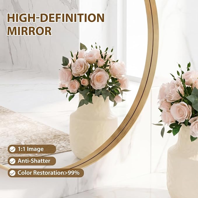 Sweetcrispy Round Bathroom Wall Mirror, Circle Vanity Mirror, 20 Inch | Matte Metal Frame, Over Sink Home Decor, Living Room Bedroom Entryway Style, Gold