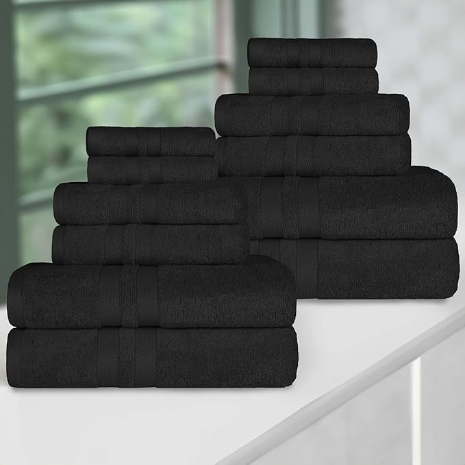 Superior Ultra-Soft Cotton Towel Set, 4 Bath Towels, 4 Hand Towels, 4 Face Towels/Washcloths, Quick-Dry, Shower, Spa Basics, Essentials, Solid, Double Line Dobby Border, 12 Piece Set, Black