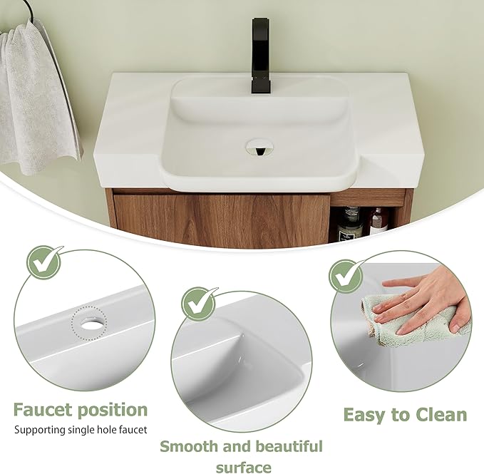 28 Inch Floating Vanity, 28" Bathroom Vanity with Sink, Single Sink Wall Mounted Vanity Combo, Modern Brown Bathroom Vanity Set with 1 Door