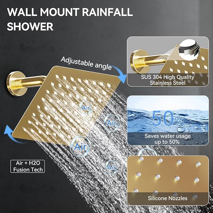 Shower System with Body Jets, Bostingner 4 Way Shower Faucet with 2 in1 Handheld,Ceiling Mount 10 Inch Shower Head and 6 Inch Shower Head,4Pcs Body Jets With Dual Head Shower Set Brushed Gold