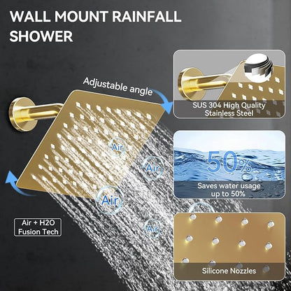Shower System with Body Jets, Bostingner 4 Way Shower Faucet with 2 in1 Handheld,Ceiling Mount 10 Inch Shower Head and 6 Inch Shower Head,4Pcs Body Jets With Dual Head Shower Set Brushed Gold