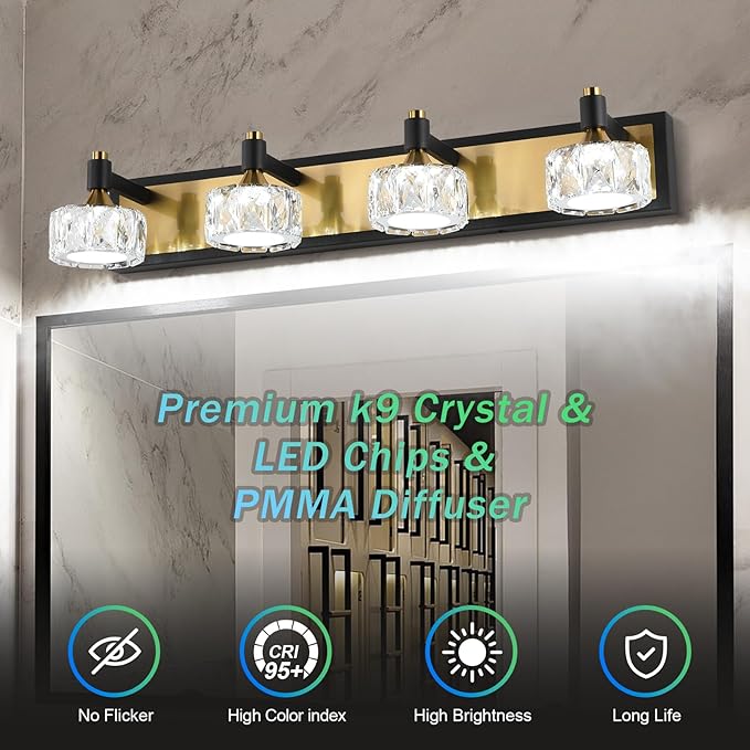 4 Light Bathroom Vanity Light, Dimmable Crystal Modern Bathroom Light Fixtures Over Mirror, Gold and Black Modern Vanity Light, Elegant Water Ripple Wall Sconce Lights