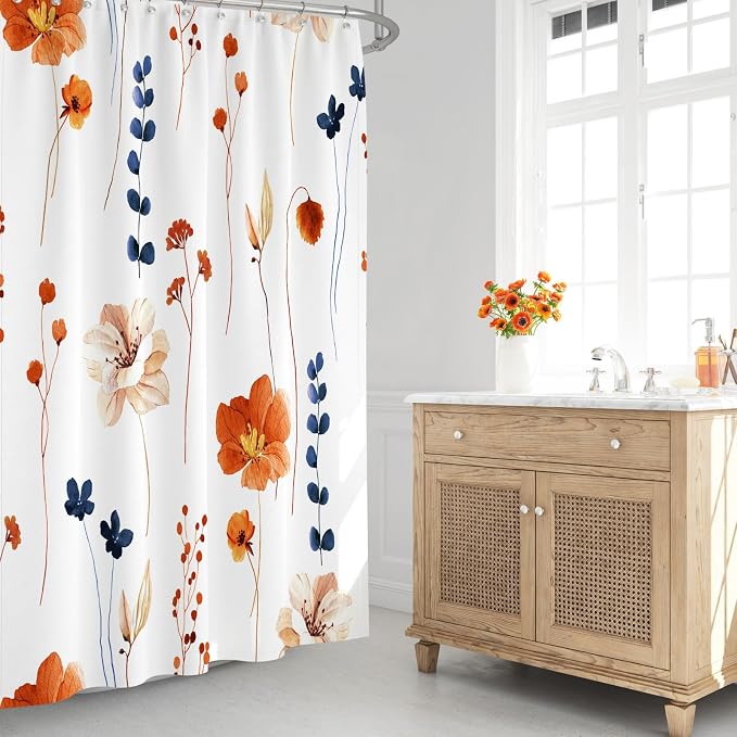 Orange Navy Beige Watercolor Floral Fabric Shower Curtain, 72x72 | Waterproof Fabric, Modern Minimalist Floral Print, Machine Washable, Rustproof Grommets, for Bathroom Home