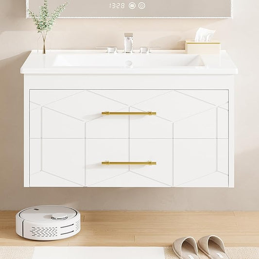 Garvee 30" Bathroom Vanity with Sink, Floating Bathroom Vanity with Ceramic Basin, 2 Large Storage Drawers with Gold Metal Handle, Modern Wall Mounted Bathroom Cabinet with Sink, White
