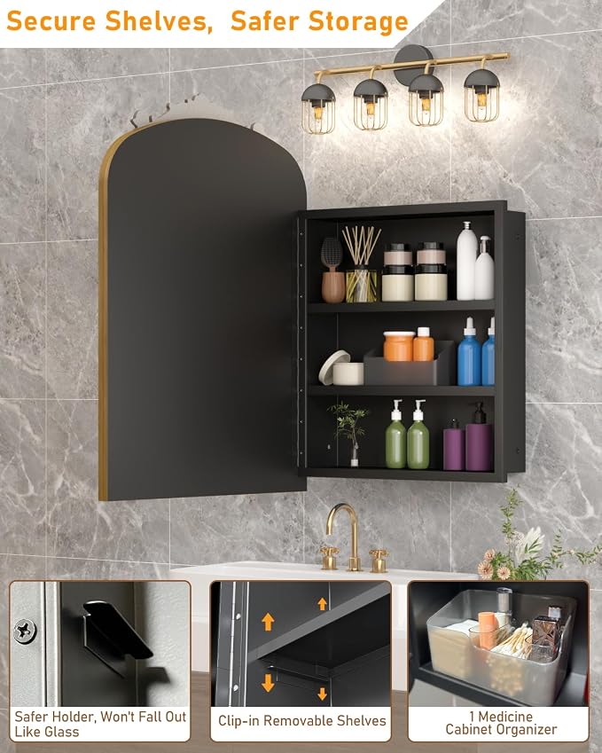 20"x30" Vintage Bathroom Medicine Cabinet with Mirror, Retro Hand-Painted Flower Art Decor, Arched Aluminum Frame Medicine Cabinets Recessed / Wall Mounted, 2 Stable & Removable Shelves, 1 Organizer