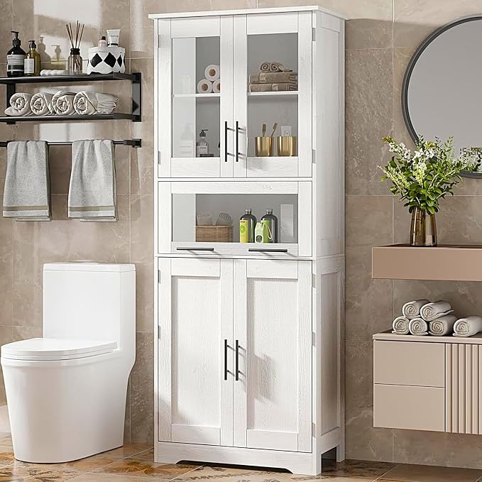 IDEALHOUSE 67" H Tall Bathroom Storage Cabinets with Drawer, White | Modern Freestanding Cabinet with Doors & Adjustable Shelves, Bathroom, Dining Room, Kitchen & Pantry, Laundry, Narrow Corner