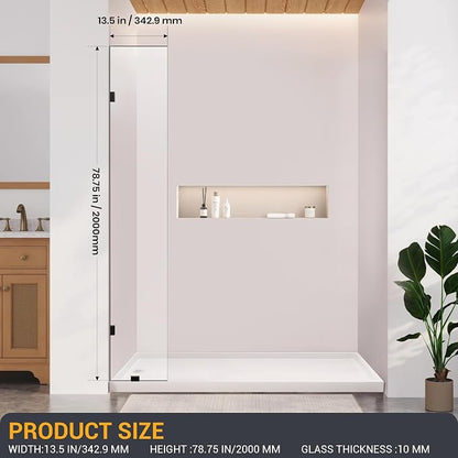 Bathroom Shower Glass Door 13.5" W×78.75" H, 3/8"(10mm) Thick Clear Tempered Glass Panel with Clamps, Fixed Frameless Waterproof Shower Door, Matte Black