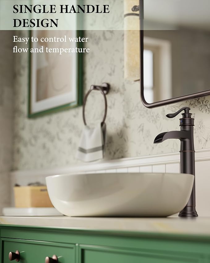 Waterfall Vessel Sink Faucet Brass Single Handle 1 Hole | Bathroom Sink Faucet with Pop Up Drain Without Overflow Oil Rubbed Bronze Tall Bathroom Faucets Homevacious