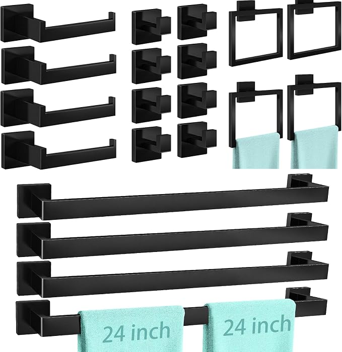 FEILERN 20-Piece Matte Black Bathroom Hardware Set, 24 Inch Towel Bar Set | Towel Racks for Bathroom, Towel Bar, Black Bathroom Accessories, Toilet Paper Holder Wall, Square Towel Ring, Towel Hooks